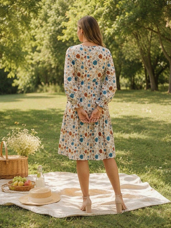 Apricot Floral Vacation Maternity Midi Dress with Boho Style