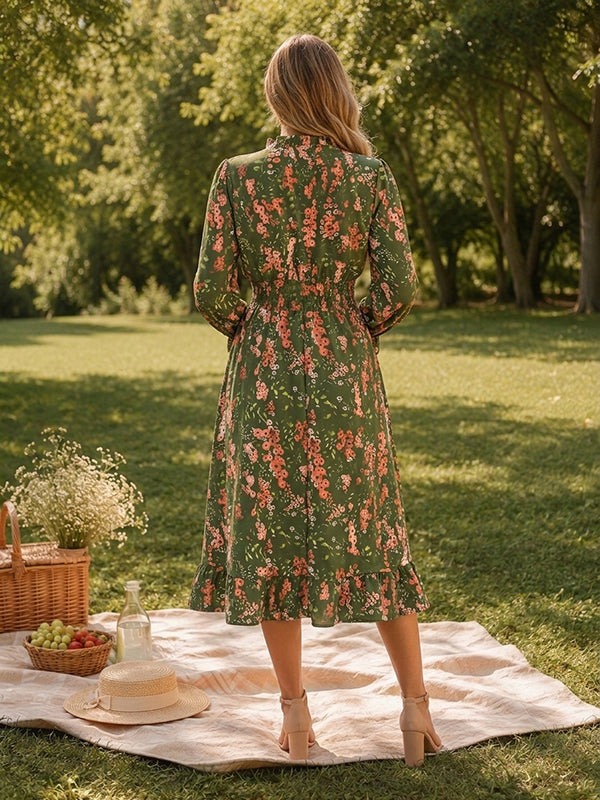 Green Boho Floral Falbala Vacation Maternity Midi Dress with Flowy A-Line Cut