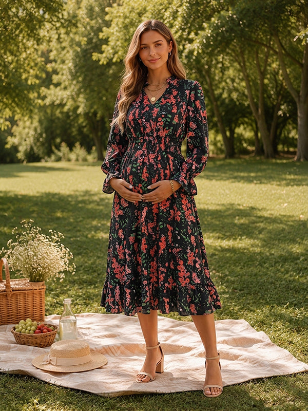 Black Boho Floral Falbala Vacation Maternity Midi Dress with Flowy A-Line Cut and Relaxed Fit, Daily Outings or Getaway Trips