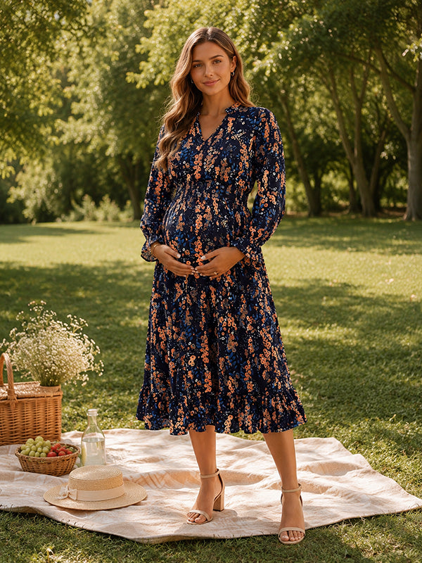 Dark Blue Boho Floral Falbala Vacation Maternity Midi Dress with Flowy A-Line Cut and Relaxed Fit, Daily Outings or Getaway Trips