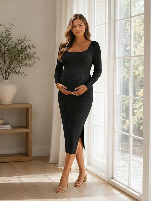 Black Crochet Side Slit Bodycon Maternity Midi Dress with Delicate Thread Details and Viscose, Daily Casual