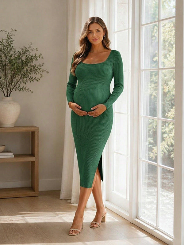 Green Crochet Side Slit Bodycon Maternity Midi Dress with Delicate Thread Details and Viscose, Daily Casual