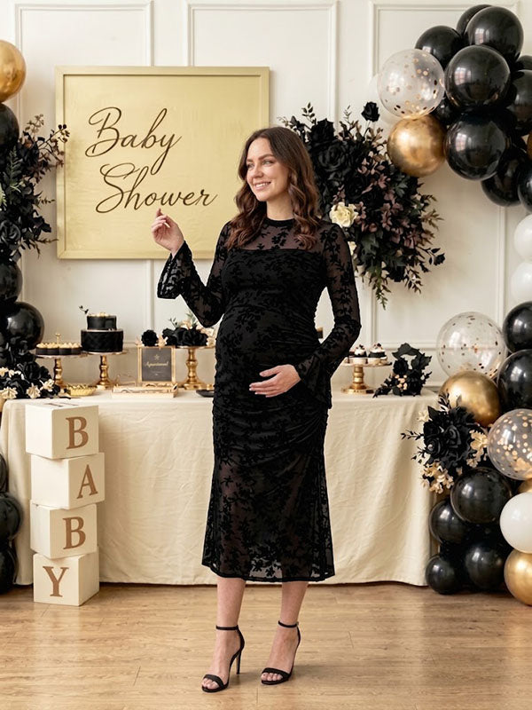 Sophisticated Black Lace Long Sleeve Maternity Midi Dress with Mermaid Silhouette Fitted Fit
