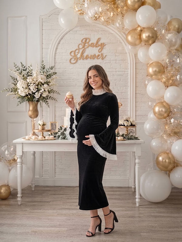 Black Formal Maternity Gown with Contrast White Tulle Ruffle Collar and Flare Sleeves Slim Fit