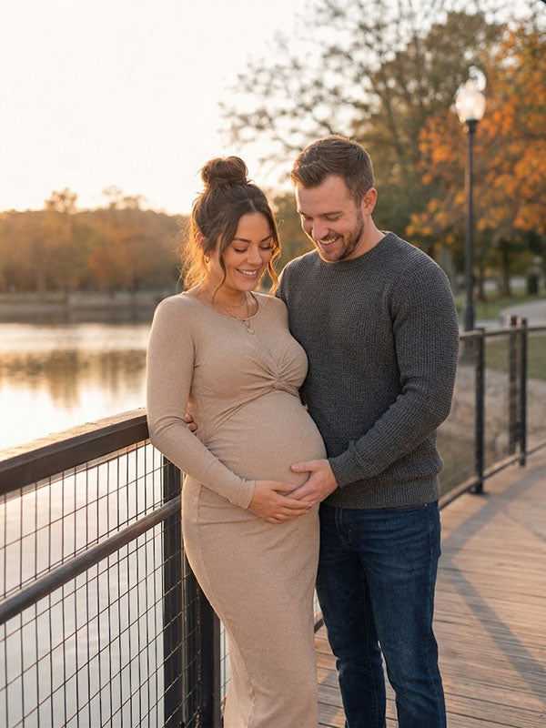 Beige Front Knot Long Sleeve Maternity Dress with Round Neckline and Fitted Midi Skirt Slim Fit