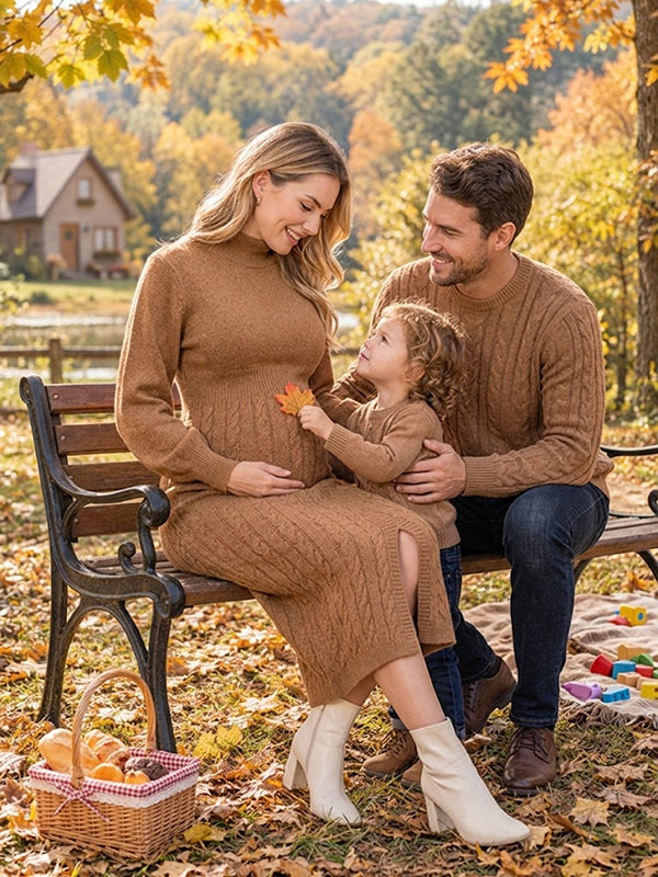Brown Knit Crochet Maternity Dress with Leg Slit Slim Bodycon Silhouette