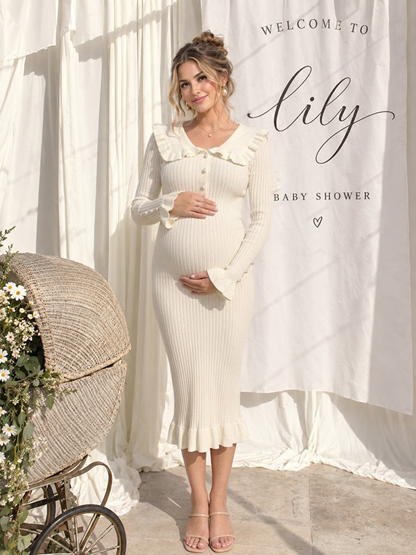 Apricot Crochet Maternity Midi Dress with Delicate Falbala Trim Flattering Silhouette