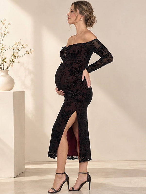 Black Maternity Dress with Cut Out and Slit Sleek Bodycon Silhouette