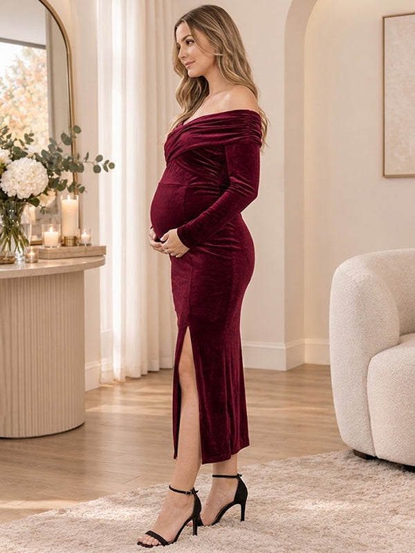 Wine Red Maternity Dress with Off Shoulder and Slit Bodycon Silhouette