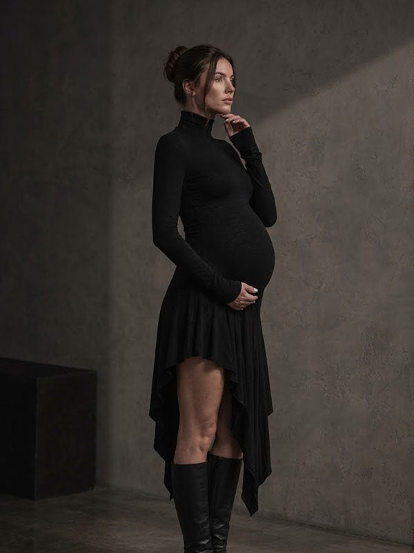 Sleek Black Turtleneck Maternity Dress with Ruffled Falbala Waterfall Hemline Bodycon Fit