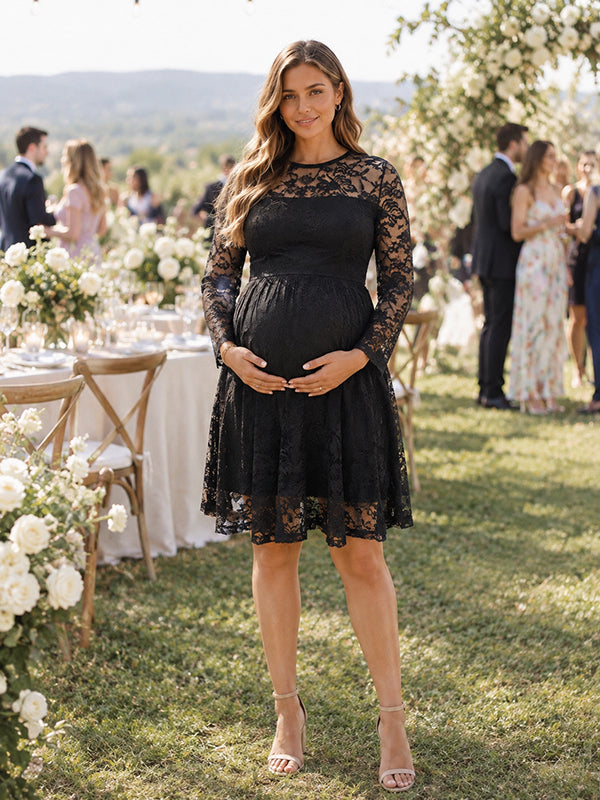 Black Lace A-Line Maternity Midi Dress with Elegant Lace Styling and A-Line Midi Fit, Wedding Guest & Cocktail Events