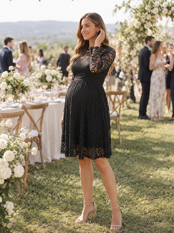 Black Lace A-Line Maternity Midi Dress with Elegant Lace Styling A-Line Midi Fit
