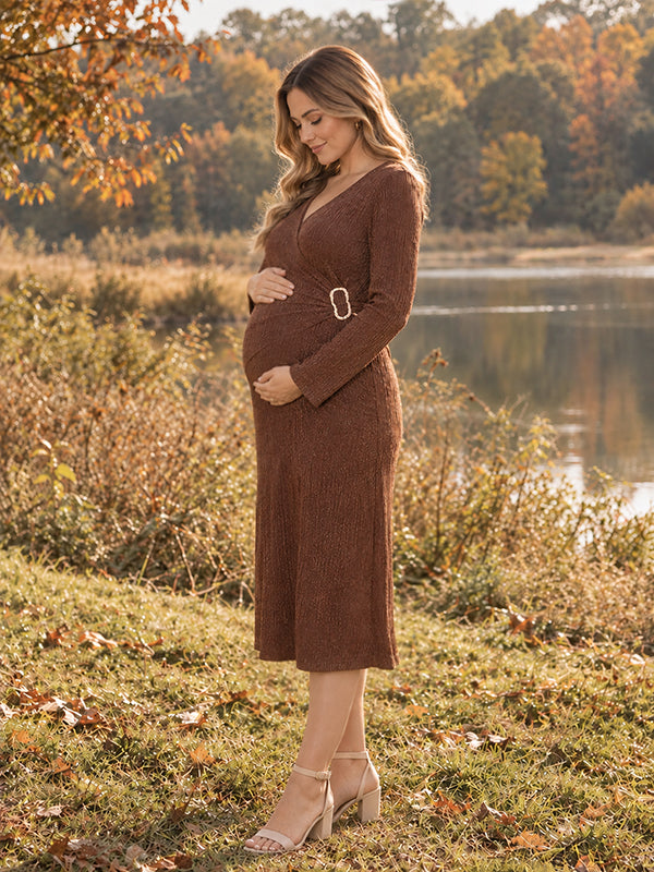 Brown Crochet Maternity Midi Dress with Elegant Details Flattering Fit
