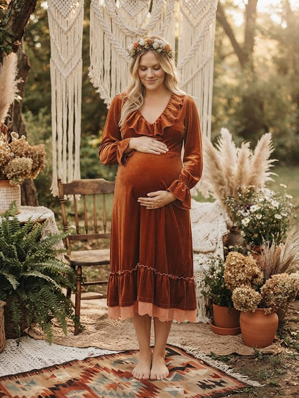 Brown Elegant Falbala Maternity Midi Dress with Ruffle Detail and Bodycon Fit, Photoshoot Occasion