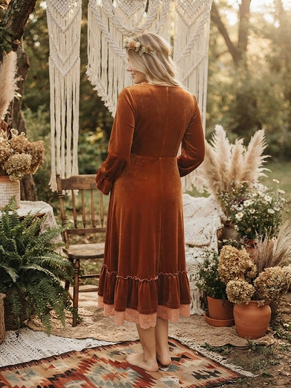 Brown Elegant Falbala Maternity Midi Dress with Ruffle Detail