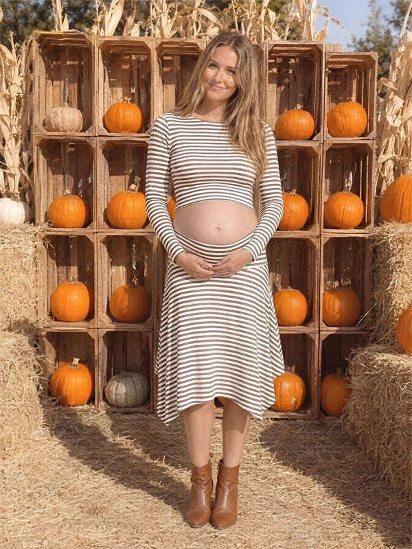 2-in-1 Striped Irregular Photoshoot Maternity Midi Dress