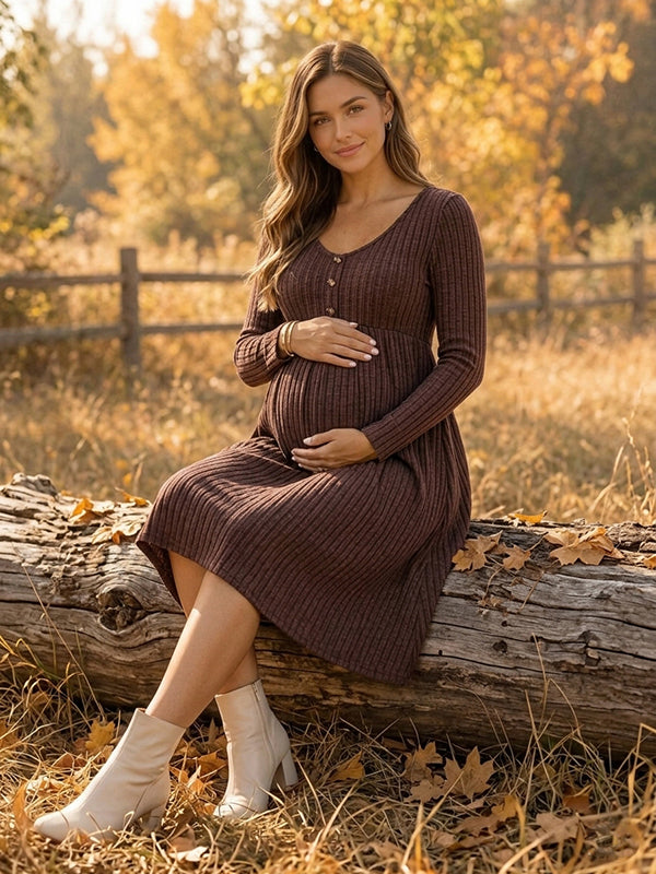 Coffee Crochet Single Breasted Maternity Midi Dress with Crochet Details, Round Neck & Single Breasted Buttons and Casual Fit Midi, Photoshoots & Daily Wear