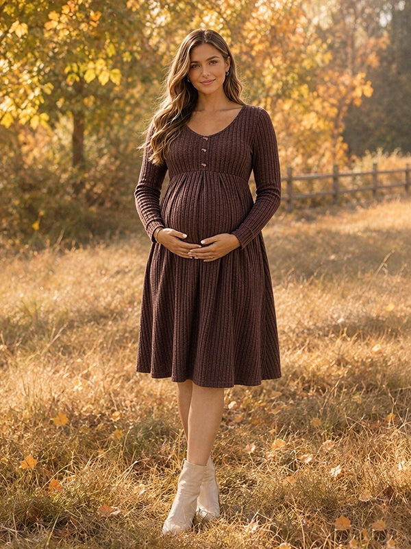 Coffee Crochet Single Breasted Maternity Midi Dress with Crochet Details, Round Neck & Single Breasted Buttons Casual Fit Midi
