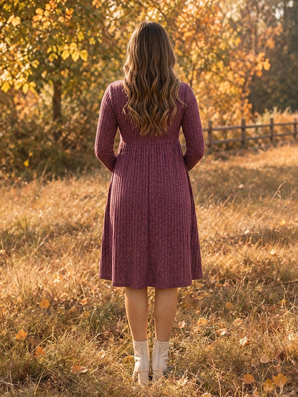 Wine Red Crochet Single Breasted Maternity Midi Dress with Crochet Details, Round Neck & Single Breasted Buttons Casual Fit Midi