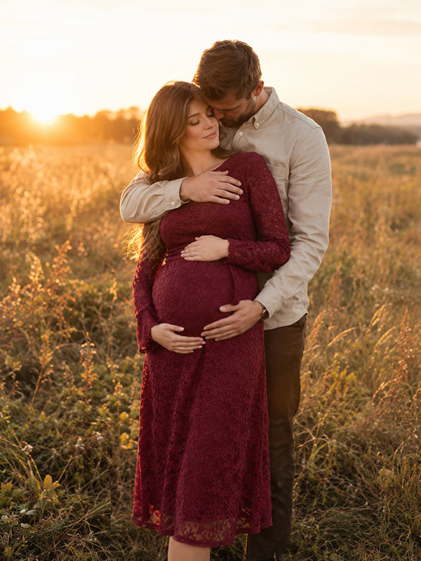 Red Photoshoot Maternity Midi Dress with jacquard texture and bodycon fit silhouette, for photoshoot session