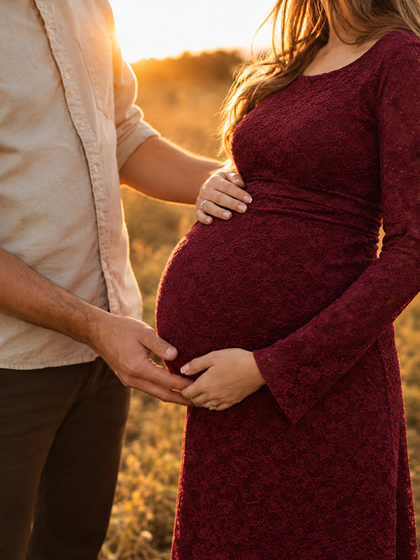 Red Photoshoot Maternity Midi Dress with jacquard texture bodycon fit silhouette