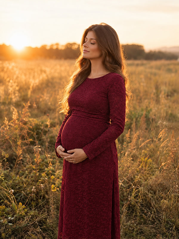 Red Photoshoot Maternity Midi Dress with jacquard texture