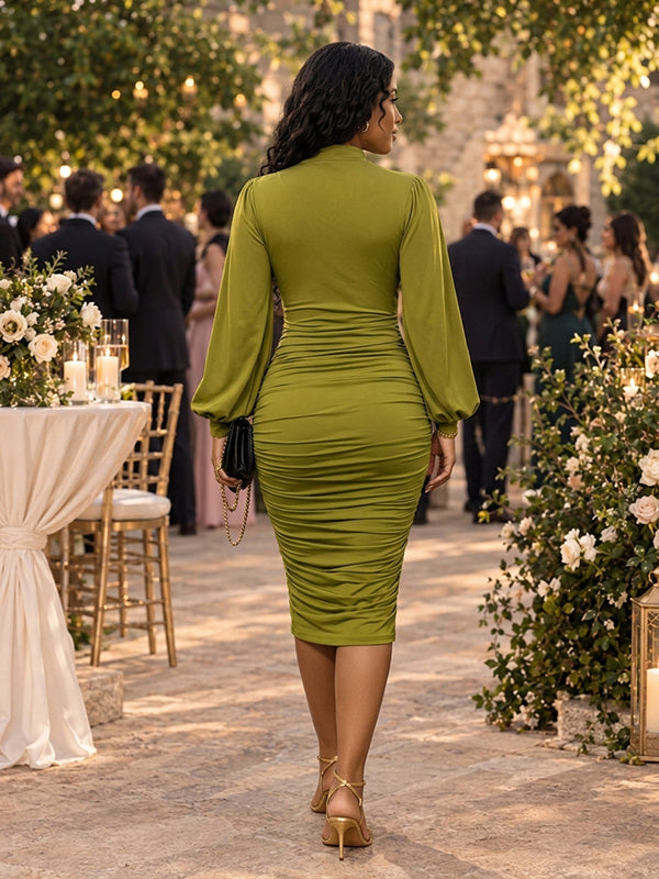 Green Ruched Bodycon Wedding Guests Maternity Midi Dress with Ruched Details & Lantern Sleeves
