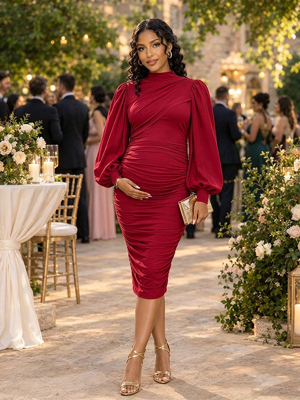 Wine Red Ruched Bodycon Wedding Guests Maternity Midi Dress with Ruched Details & Lantern Sleeves and Bodycon Midi Fit, Wedding Guests & Formal Occasions