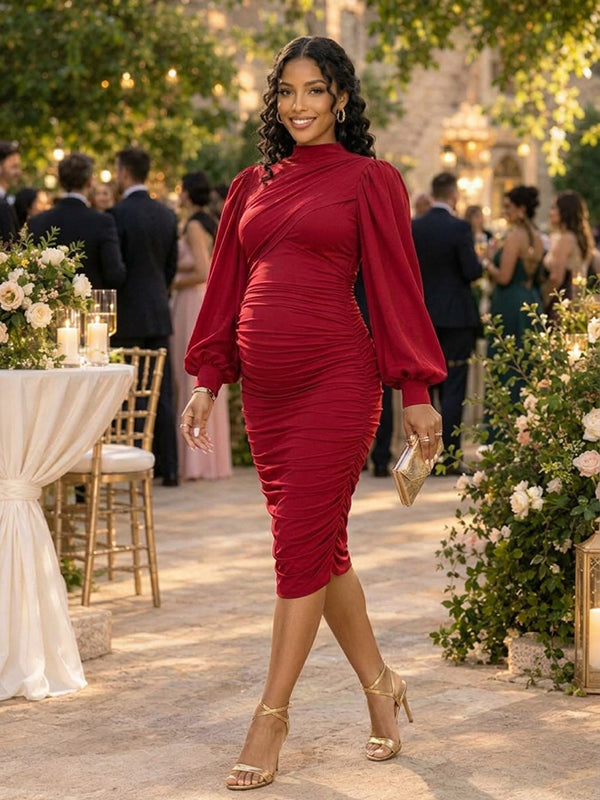 Wine Red Ruched Bodycon Wedding Guests Maternity Midi Dress with Ruched Details & Lantern Sleeves Bodycon Midi Fit