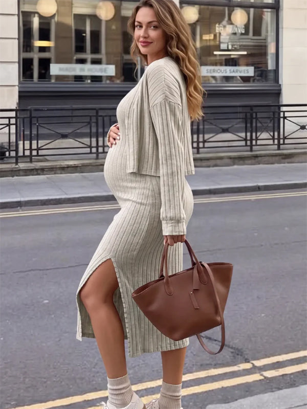 Apricot 2-in-1 Cardigan Side Slit Bodycon Maternity Midi Dress Set with Matching Cardigan Layer, Side Slit & Spaghetti Straps