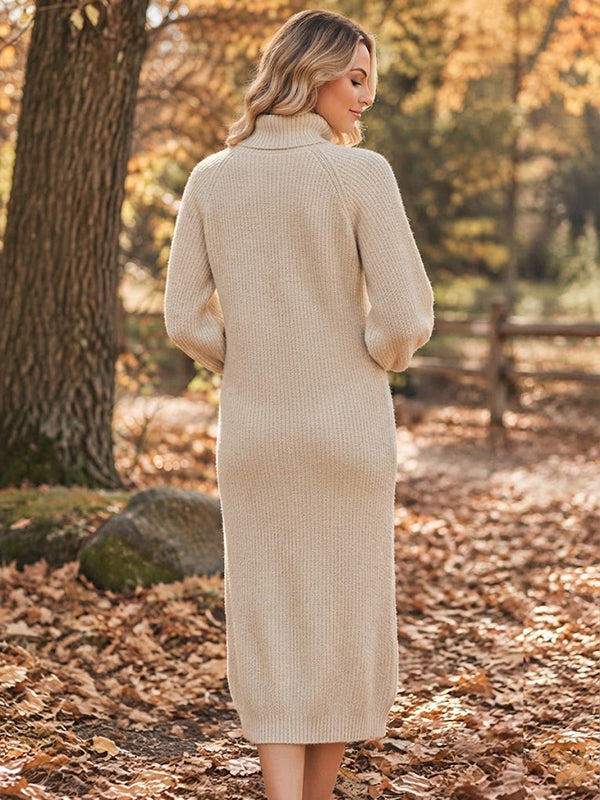 Apricot Crochet Maternity Midi Dress with High Neck and Elegant Textured Design