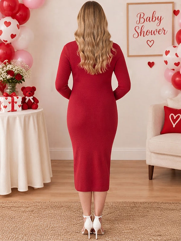 Red Single Breasted Maternity Midi Dress with Elegant Button Details and Bodycon Fit