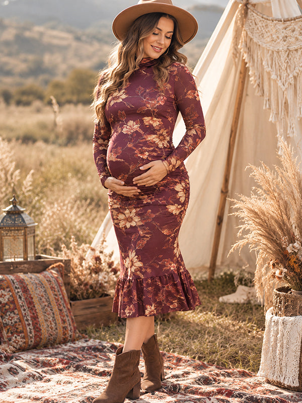 Brown Floral Maternity Midi Dress with Elegant Floral Pattern and Bodycon Fit, Photoshoot Occasion