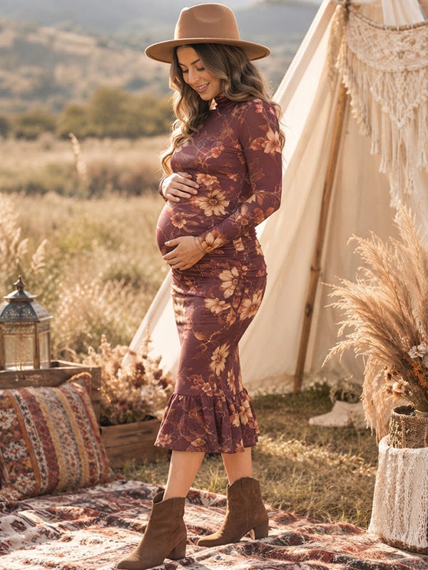 Brown Floral Maternity Midi Dress with Elegant Floral Pattern Bodycon Fit