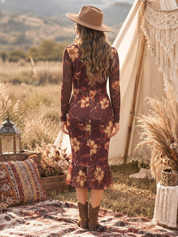 Brown Floral Maternity Midi Dress with Elegant Floral Pattern