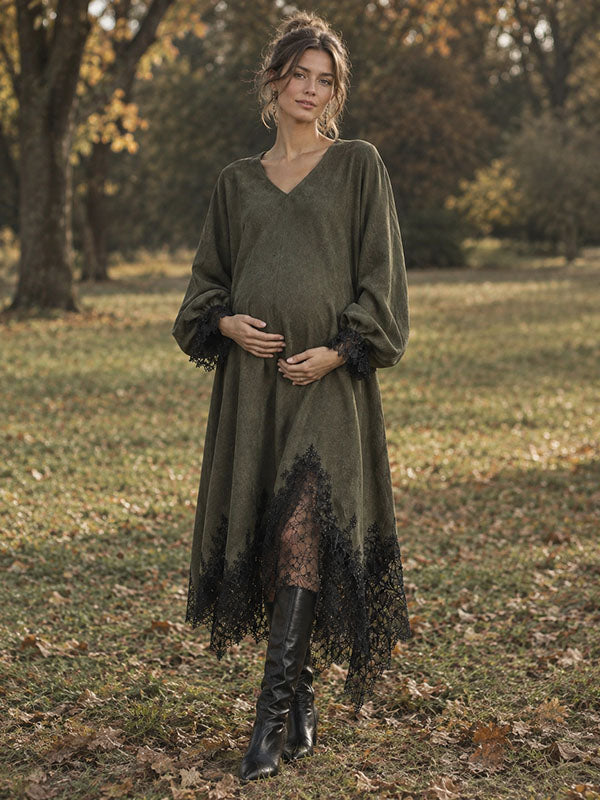 Green Lace Irregular Photoshoot Maternity Midi Dress