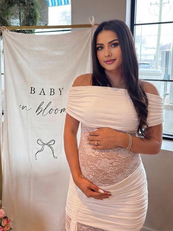 Momyknows Lace Off Shoulder Ruched Draped Bodycon Sheer Maternity Mini Dress