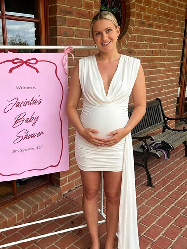 Momyknows Chic Ruched Bodycon Side Draped Draped Collar Baby Shower Maternity Mini Dress
