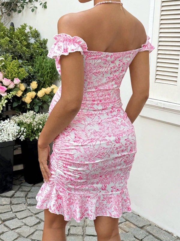 Momyknows Chic Floral Off Shoulder Falbala Drawstring Bodycon Vacation Maternity Mini Dress