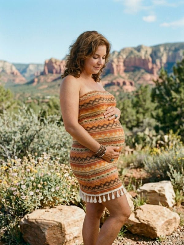 Momyknows Vintage Orange Bandeau Tassel Crochet Maternity Mini Dress, Orange / S