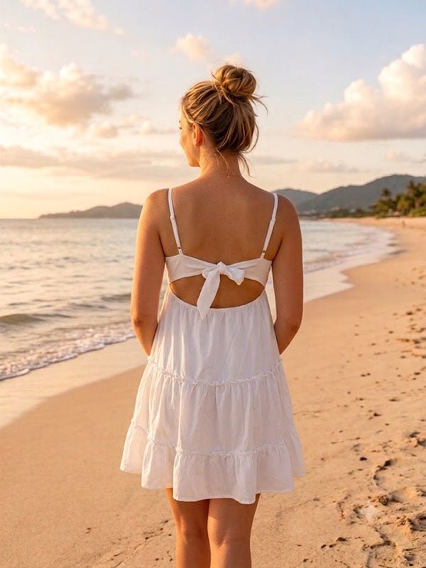 Momyknows White Spaghetti Straps Lace-Up Eyelet Embroidery A-Line Vacation Maternity Mini Dress, White / XL