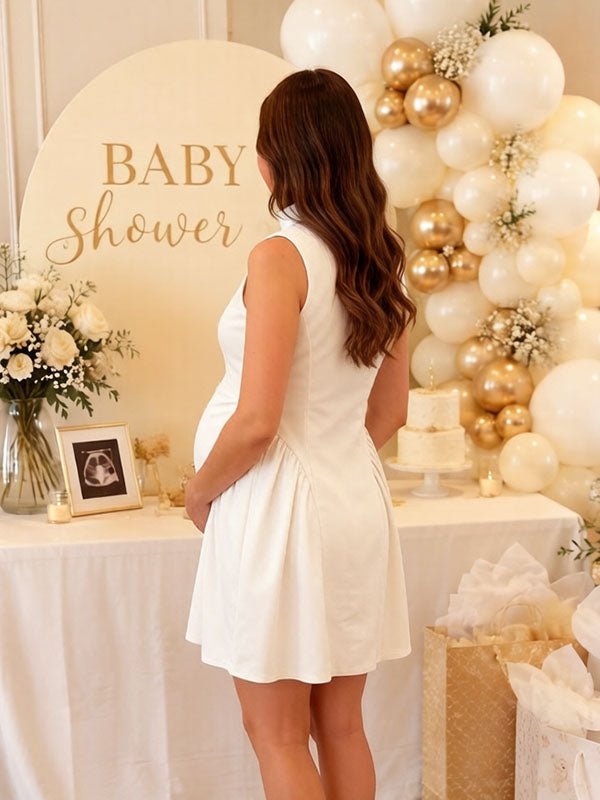 Momyknows Cute White A-Line Studded Baby Shower Maternity Mini Dress
