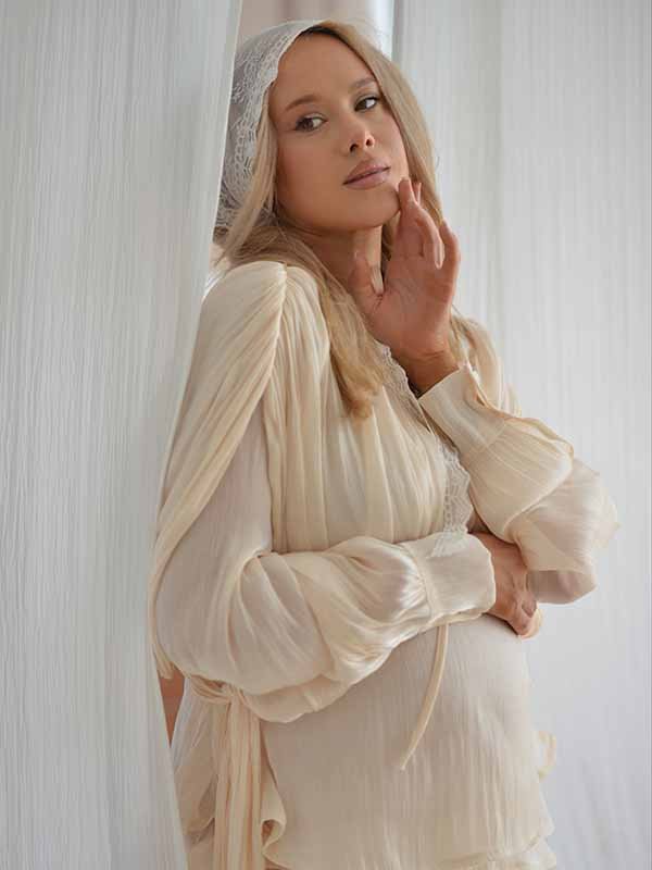 Momyknows Chic Apricot Babyshower Falbala Belt Side Draped Ruched 2-in-1 Photoshoot Maternity Mini Dress Short - Apricot - 2