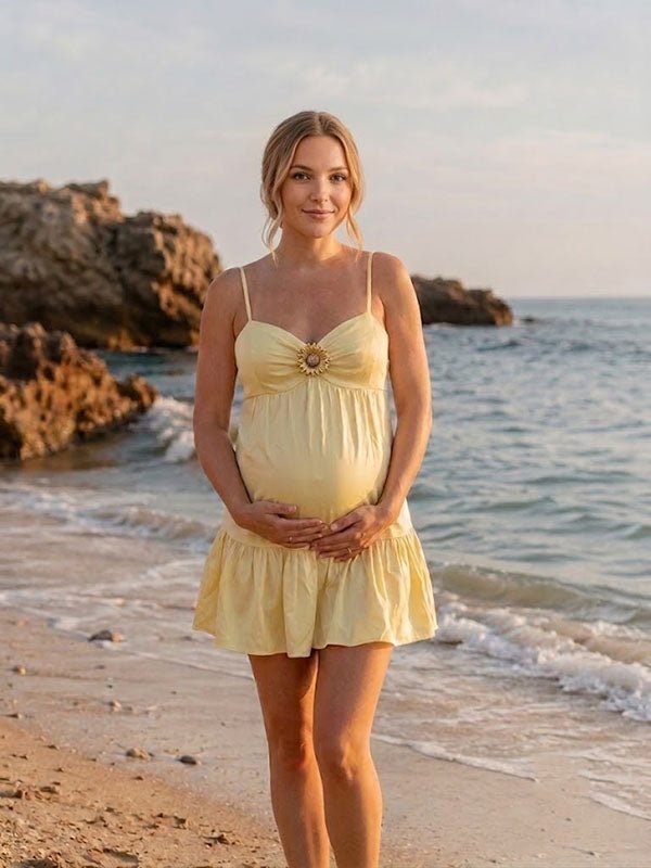Momyknows Cute Yellow Studded Spaghetti Straps Falbala Ruched Vacation Maternity Mini Dress - Yellow - 1