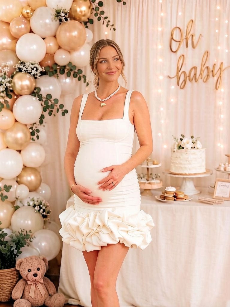 Momyknows Cute White Spaghetti Straps Bodycon Ruffle Baby Shower Maternity Mini Dress - White - 1