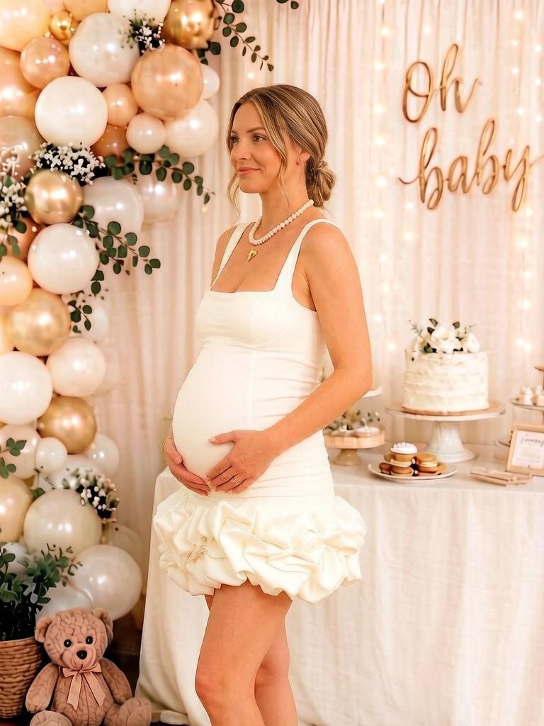 Momyknows Cute White Spaghetti Straps Bodycon Ruffle Baby Shower Maternity Mini Dress - White - 3