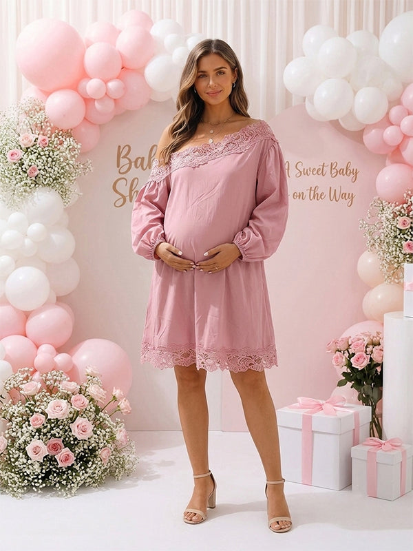 Momyknows Chic Daily Lace Oblique Shoulder Baby Shower Maternity Mini Dress