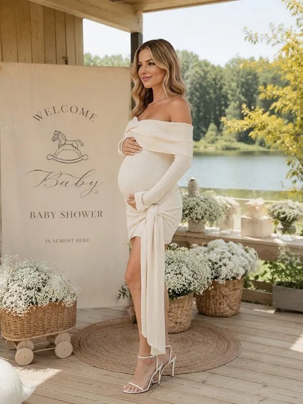 Momyknows White Elegant Off Shoulder Lace Up Crochet Baby Shower Maternity Mini Dress - White - 2