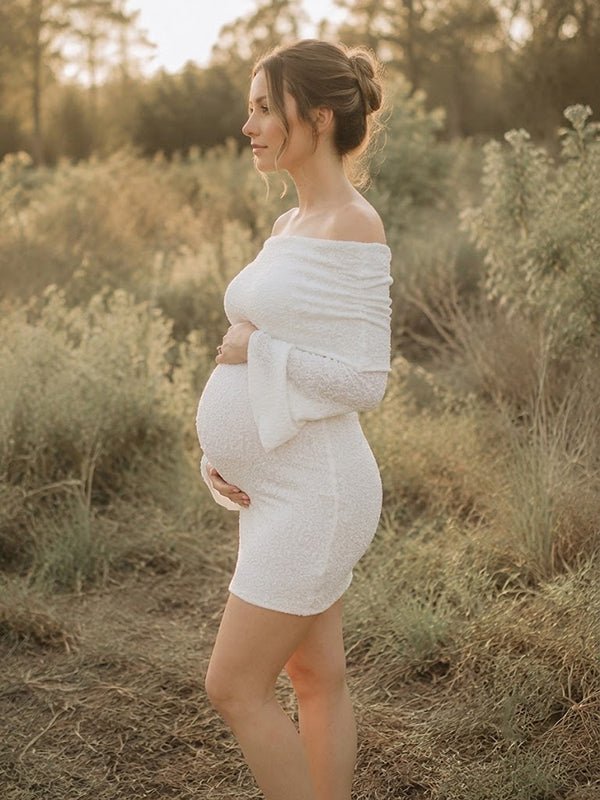 Momyknows Elegant Off Shoulder Sheer Maternity Photoshoot Mini Dress - White - 2