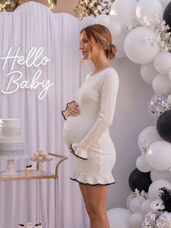 Momyknows Elegant Falbala Bodycon Baby Shower Maternity Mini Dress - White - 2
